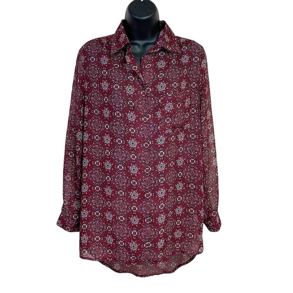 XS Band Of Gypsy Burgundy Red Floral Long Sleeve Blouse Button Down Boho